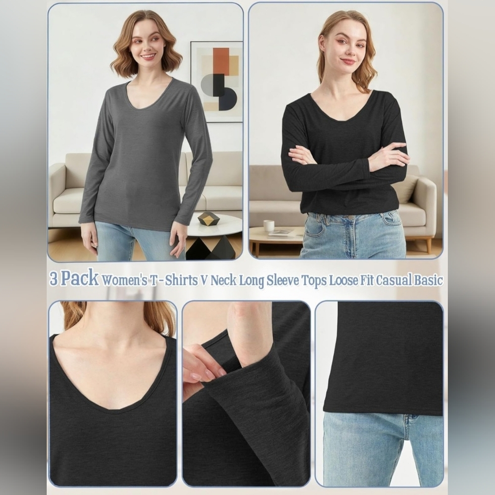 3-Pack V-Neck Long Sleeve Tops Size L NWT Soft Basic Casual Set Black Gray White - Picture 3 of 5
